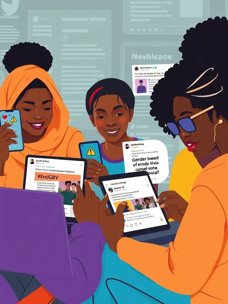 A digital illustration showcasing online activists engaging in a social media campaign to raise awareness about gender-based violence in South Africa. The image features hashtags and empowering messages.