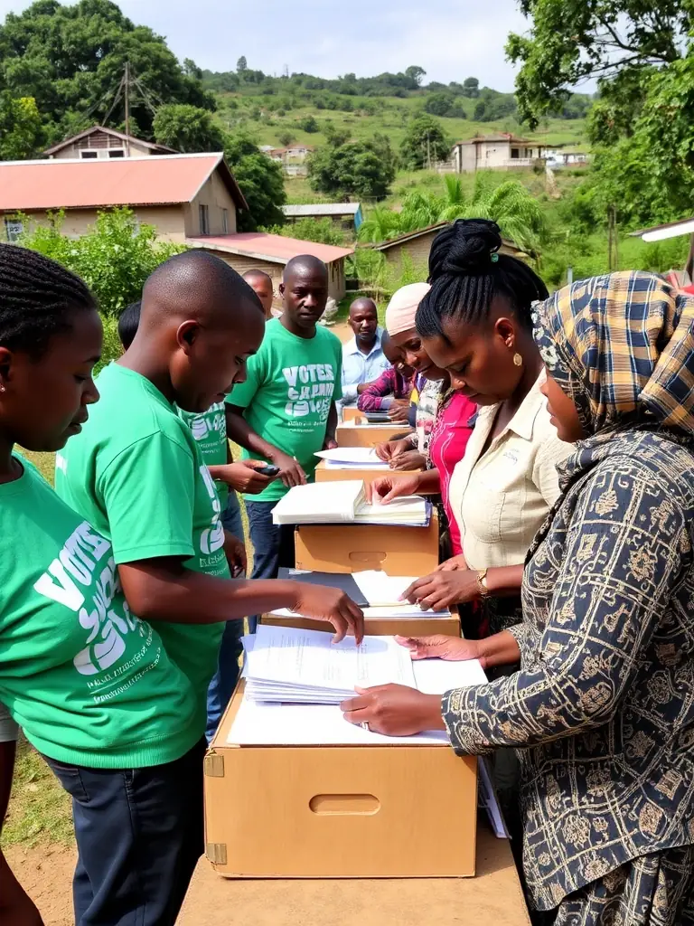 A photo showing community members participating in a voter registration drive in a rural area of KwaZulu-Natal. Volunteers are assisting residents with the registration process.