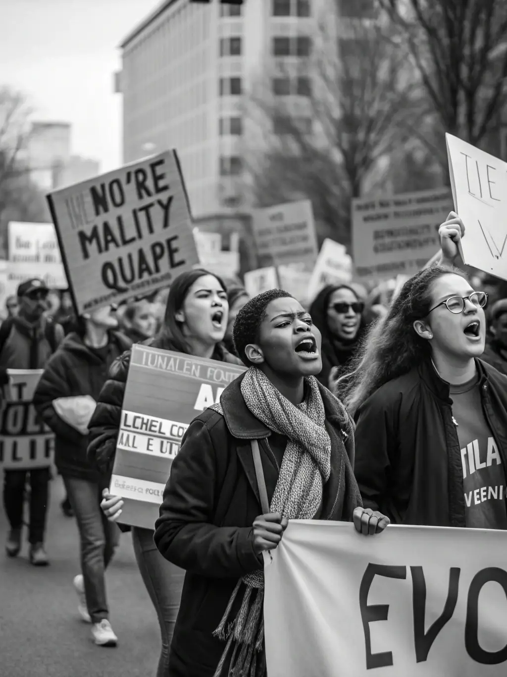 A photograph depicting a peaceful protest march in Johannesburg, South Africa, with participants holding signs advocating for equal access to education. The image captures the energy and determination of the activists.