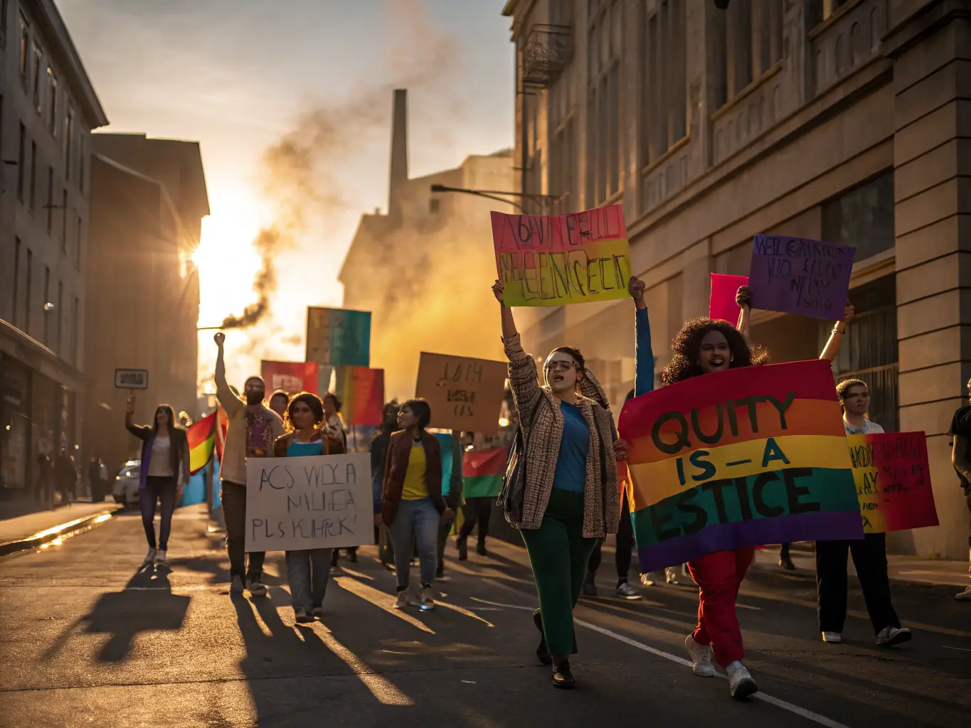 A powerful photograph showing a diverse group of young South Africans marching peacefully for climate justice, holding signs with slogans in both English and local languages.
